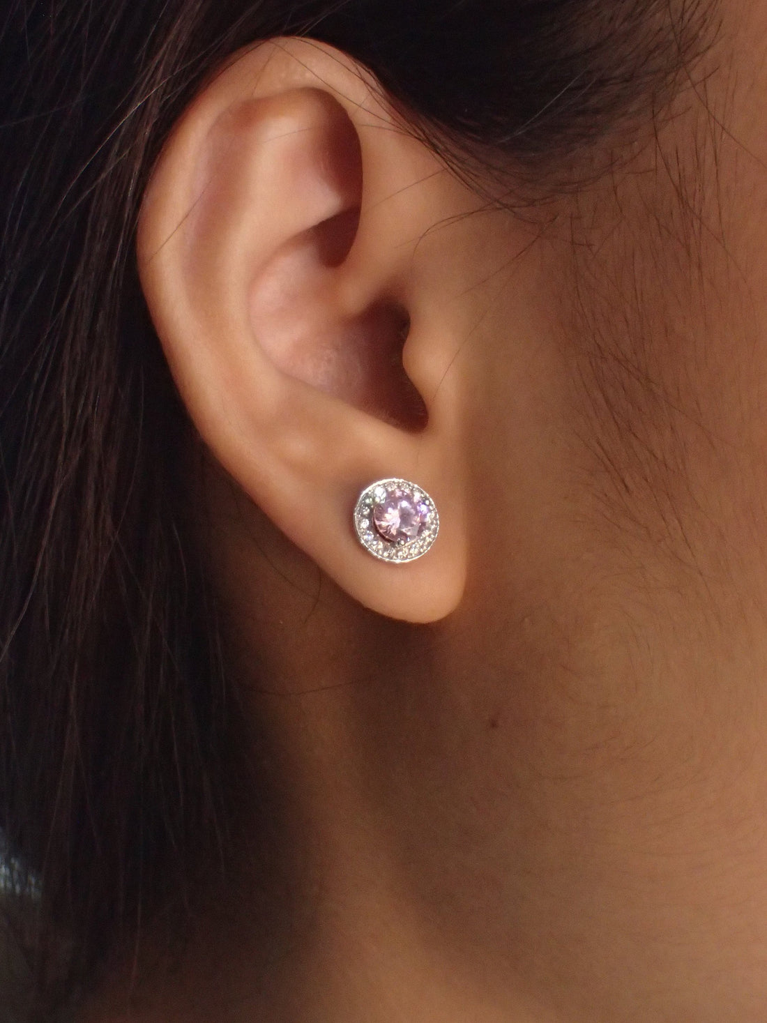 Pink Sapphire Halo Stud Earrings / Brilliant Round Diamond Earrings / Everyday Earring / September Birthstone Gift / Classic Earrings