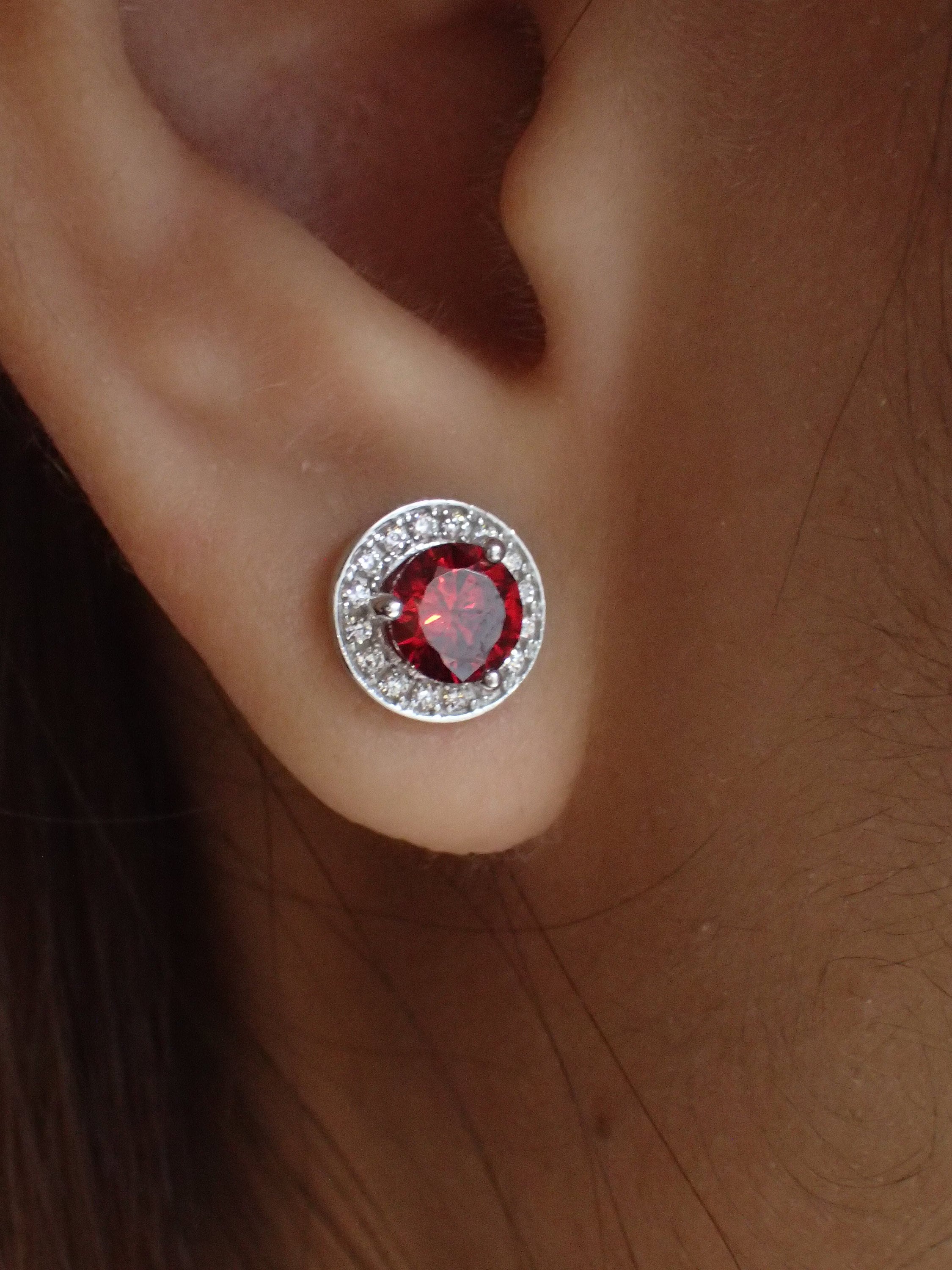 Garnet Halo Stud Earrings / Brilliant Round Diamond Earrings / Everyday Earring / January Birthstone Gift / Last Minute Gifts