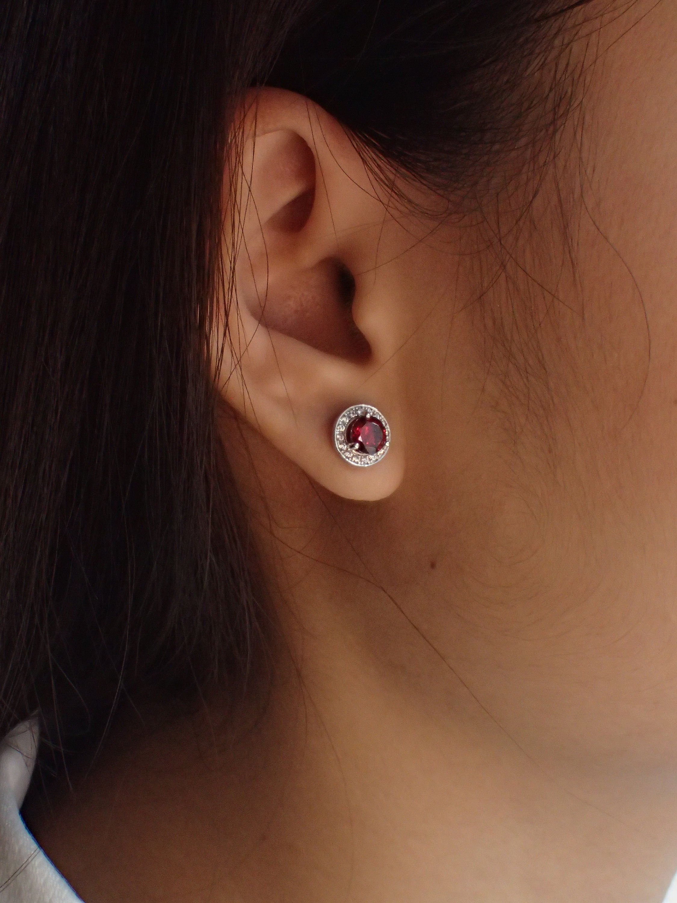 Garnet Halo Stud Earrings / Brilliant Round Diamond Earrings / Everyday Earring / January Birthstone Gift / Last Minute Gifts