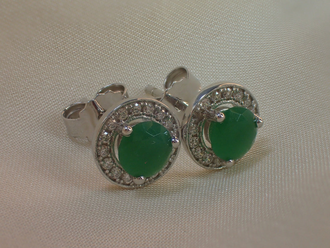 Emerald Halo Stud Earrings / Round Earrings / Everyday Earring / May Birthstone Gift / Classic Earrings