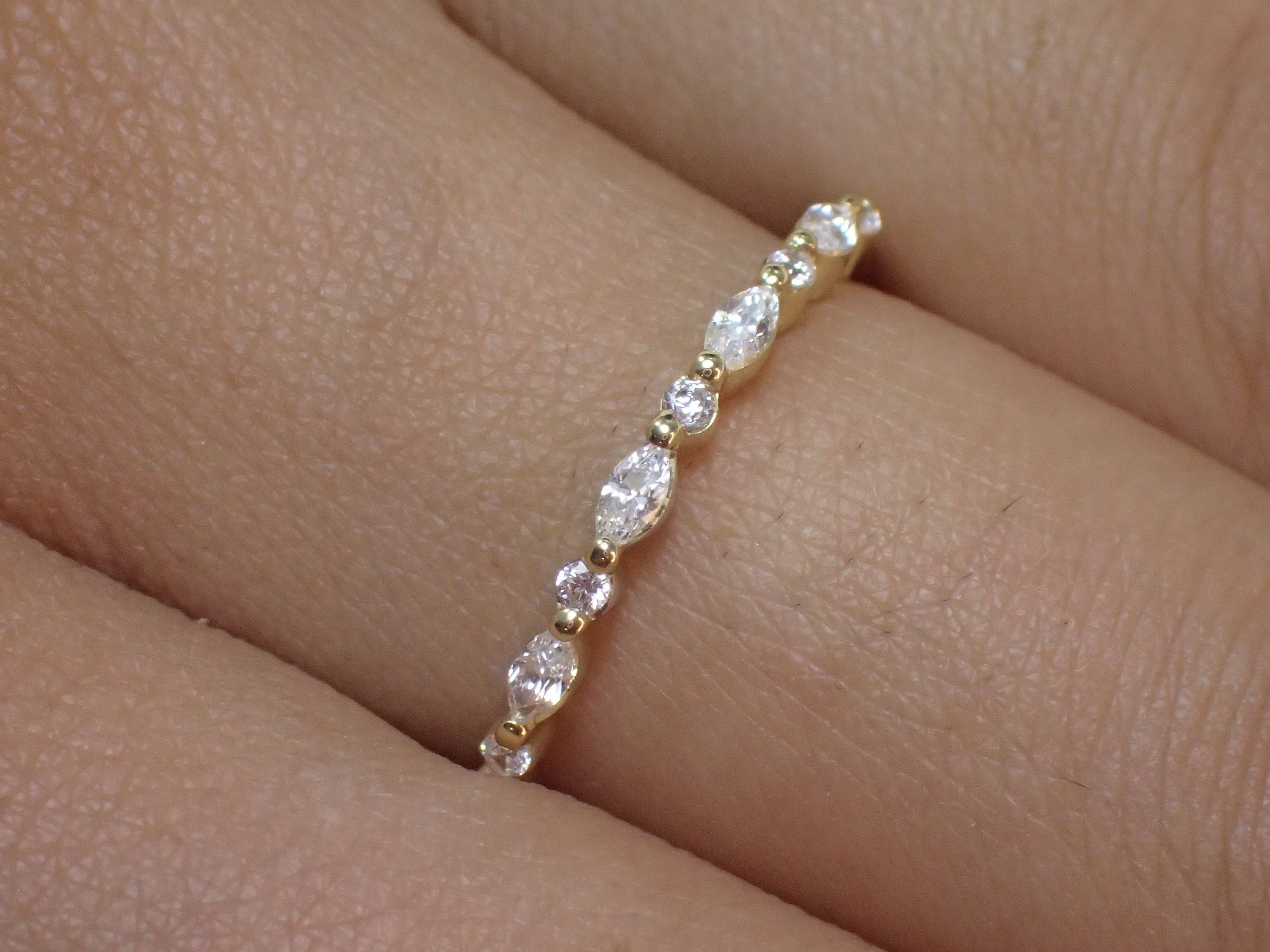 Vintage Diamond Wedding Band, Marquise Cut Half Eternity Stacking Ring, Art Deco Engagement Band, Marquise Ring, Christmas Gift for Her