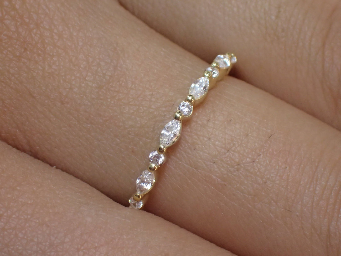 Vintage Diamond Wedding Band, Marquise Cut Half Eternity Stacking Ring, Art Deco Engagement Band, Marquise Ring, Christmas Gift for Her