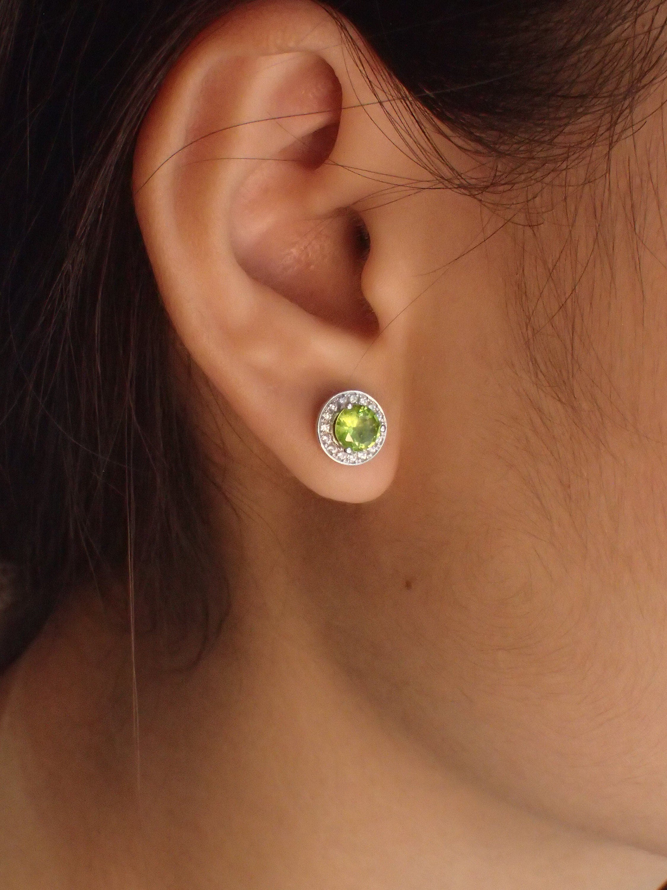 Peridot Halo Stud Earrings / Minimalist Earrings Gift for Women / Everyday Earring / August Birthstone Gift / Classic Earrings