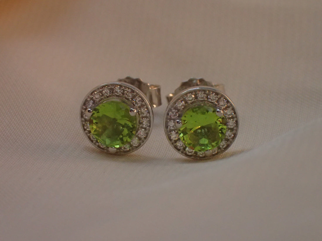 Peridot Halo Stud Earrings / Brilliant Round Diamond Earrings / Everyday Earring / August Birthstone Gift / Classic Earrings