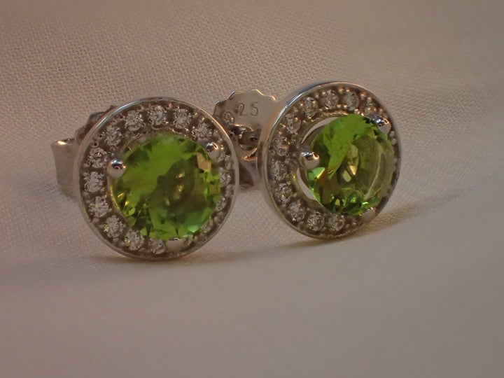 Peridot Halo Stud Earrings / Brilliant Round Diamond Earrings / Everyday Earring / August Birthstone Gift / Classic Earrings