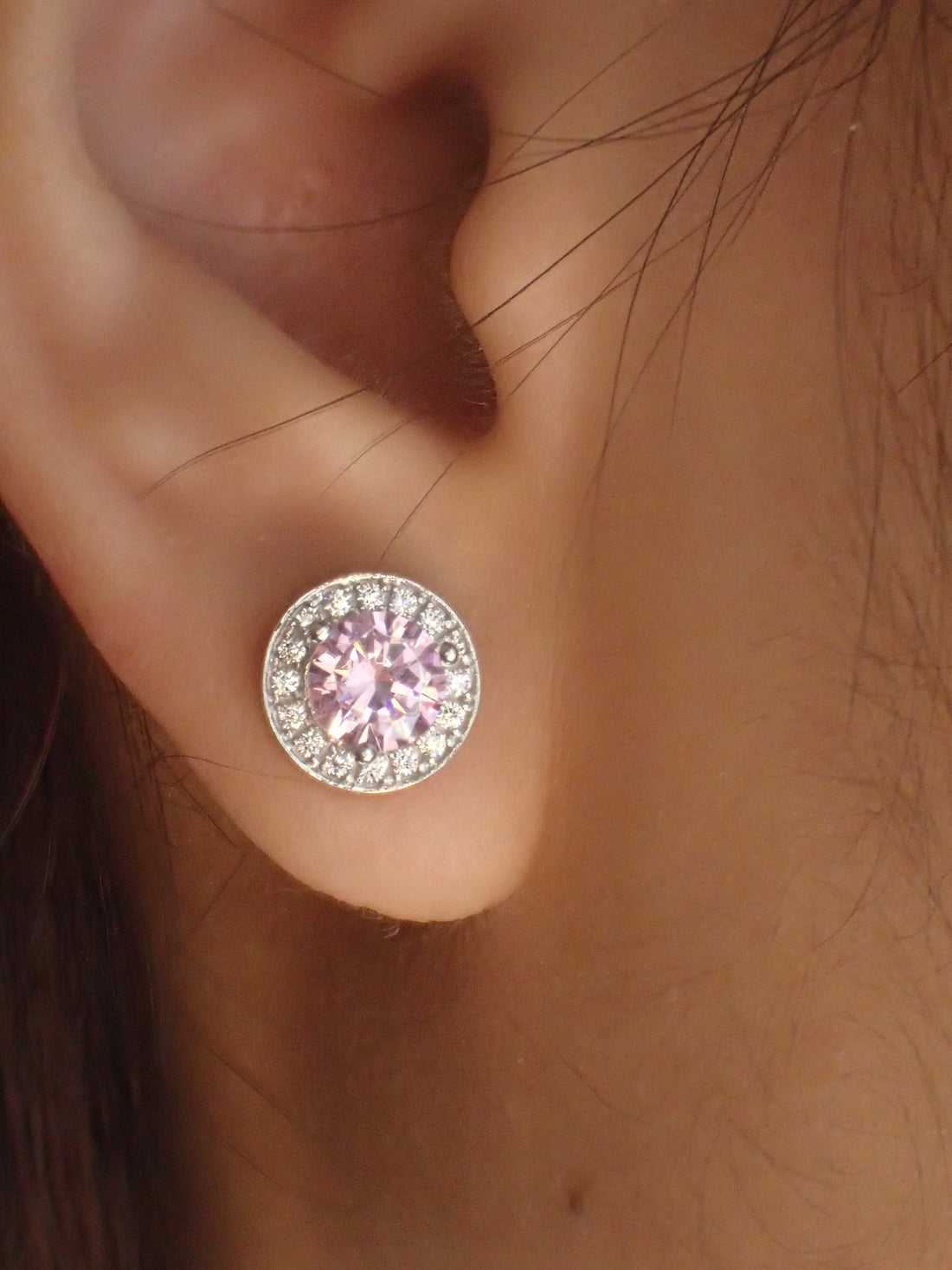 Pink Sapphire Halo Stud Earrings / Brilliant Round Diamond Earrings / Everyday Earring / September Birthstone Gift / Classic Earrings