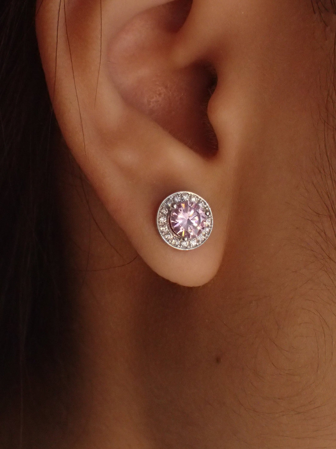 Pink Sapphire Halo Stud Earrings / Brilliant Round Diamond Earrings / Everyday Earring / September Birthstone Gift / Classic Earrings