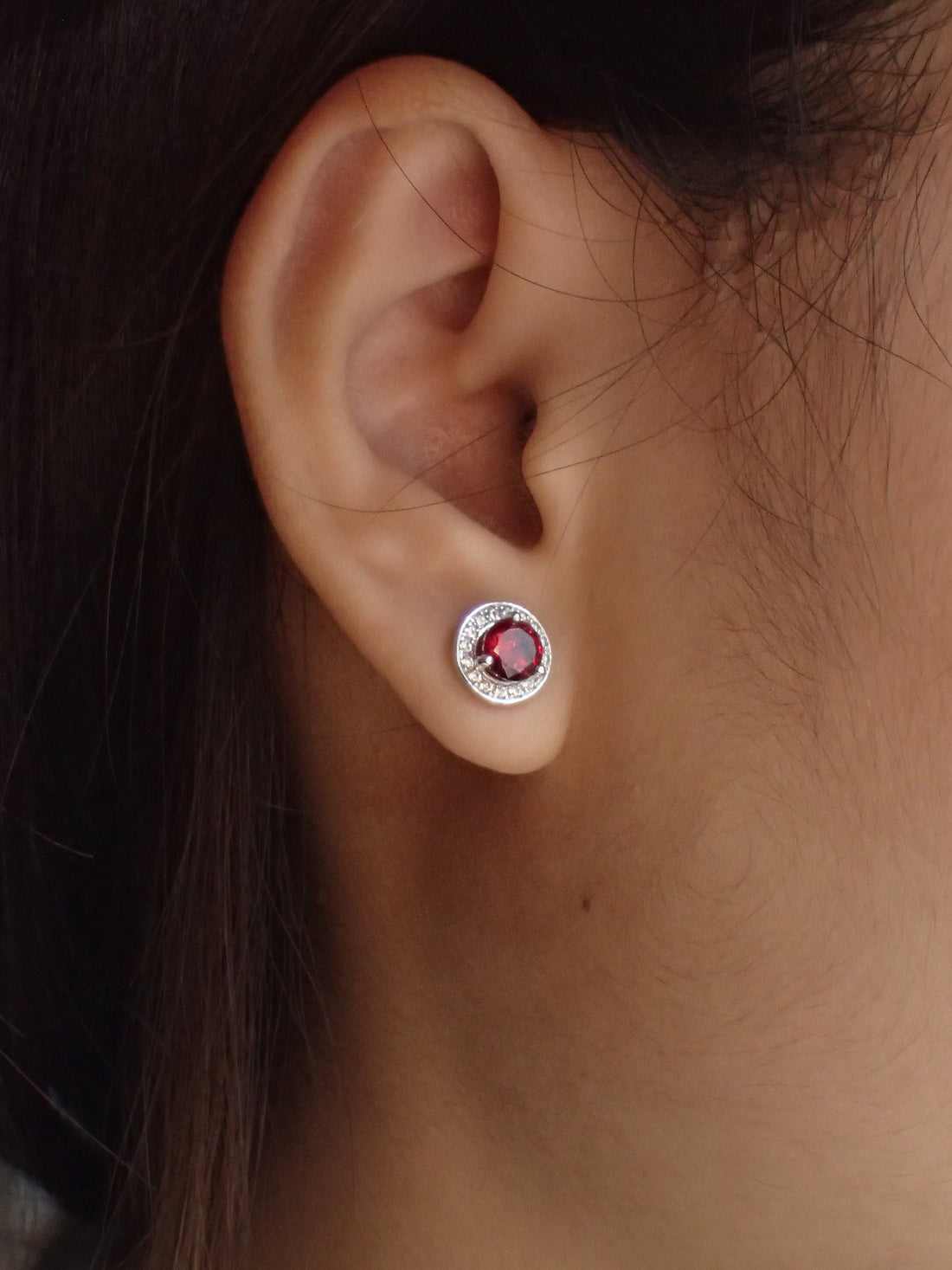 Garnet Halo Stud Earrings / Brilliant Round Diamond Earrings / Everyday Earring / January Birthstone Gift / Last Minute Gifts
