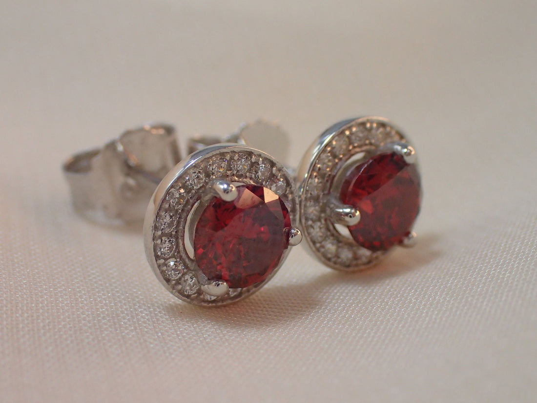 Garnet Halo Stud Earrings / Brilliant Round Diamond Earrings / Everyday Earring / January Birthstone Gift / Last Minute Gifts