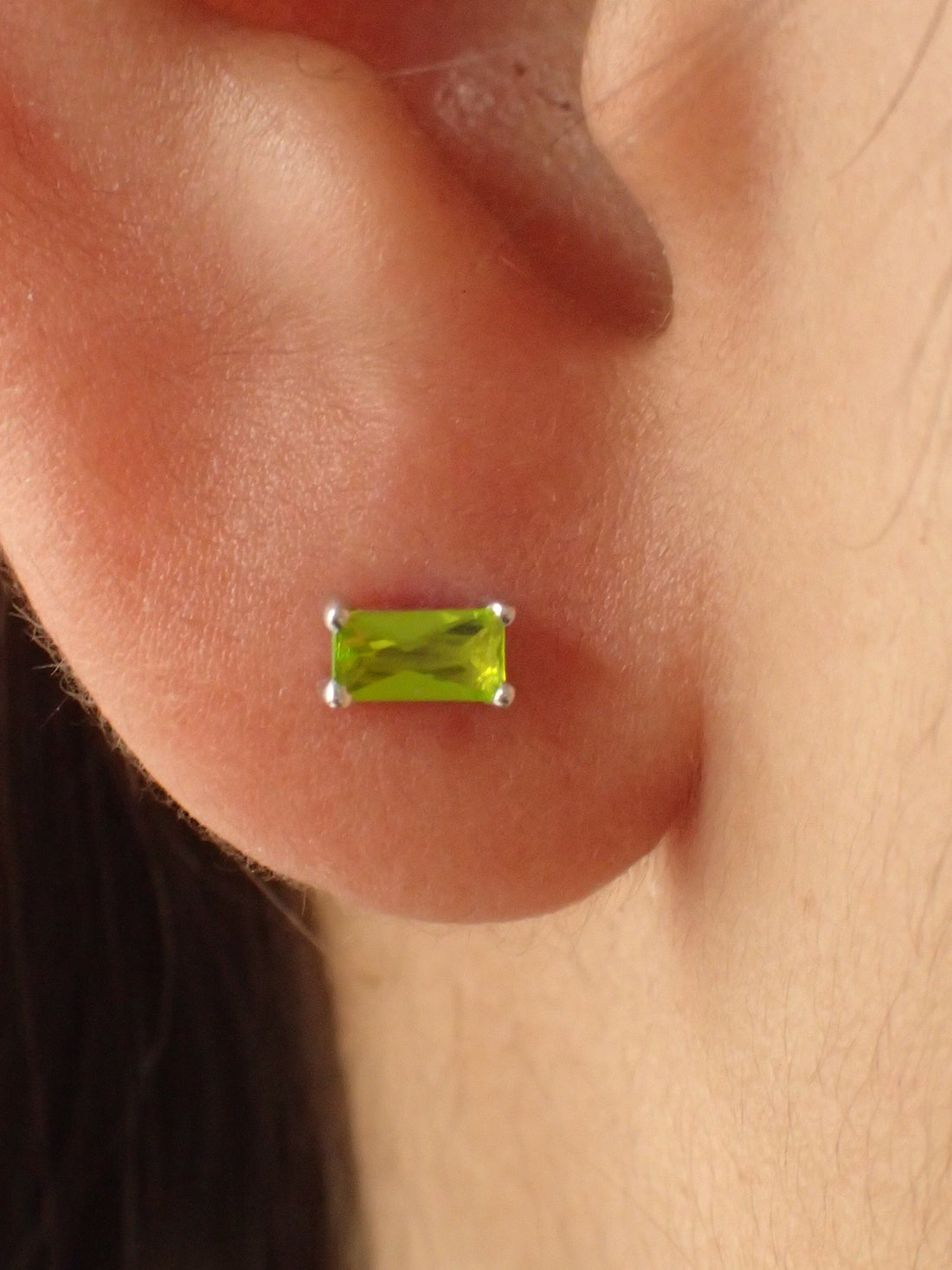 Peridot Baguette Stud Earrings / Minimal Dainty Earrings / August Birthstone / Crystal Studs / Geometric Earrings