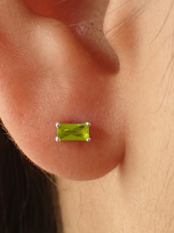 Peridot Baguette Stud Earrings / Minimal Dainty Earrings / August Birthstone / Crystal Studs / Geometric Earrings