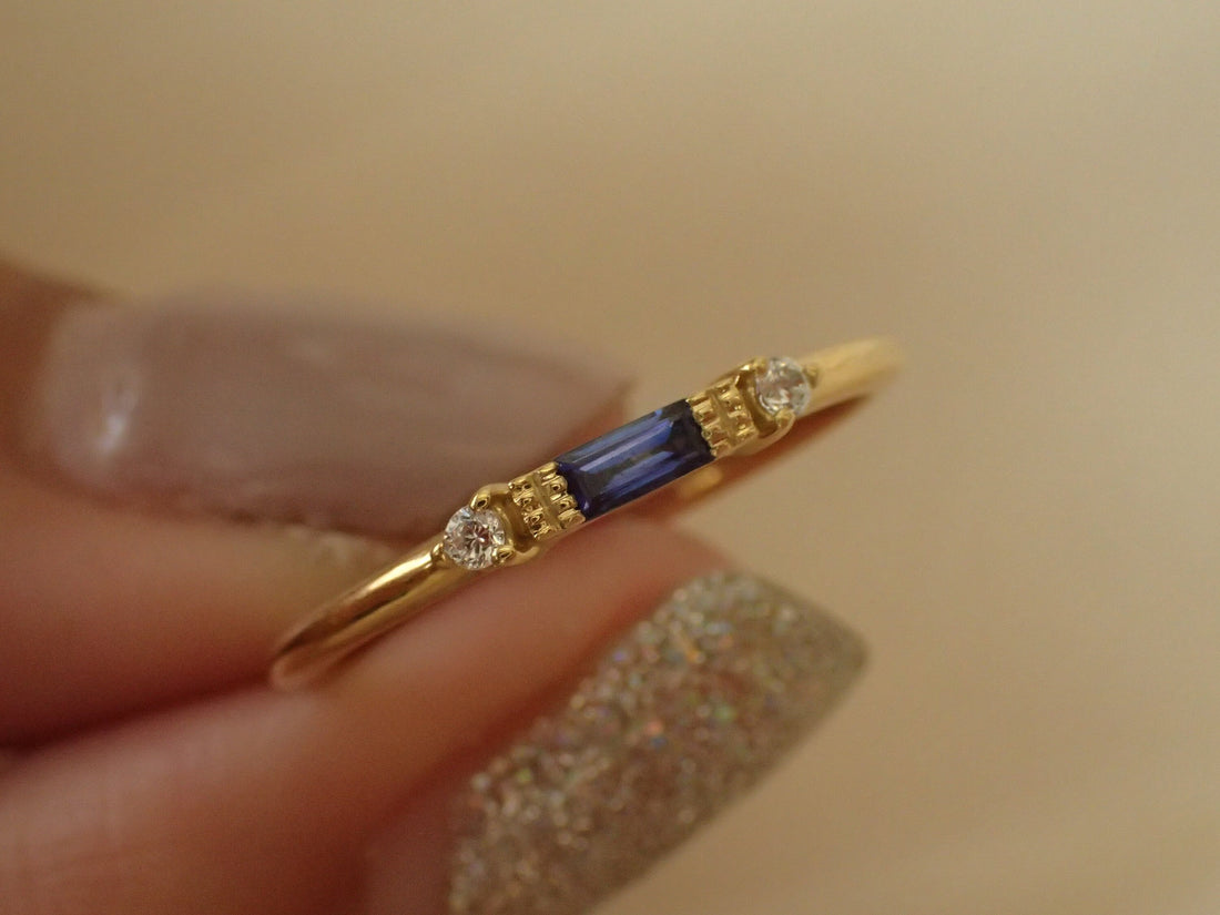 Baguette Sapphire Ring / September Birthstone / Stacking Sapphire and Diamond Ring / Minimalist Ring / In Stock