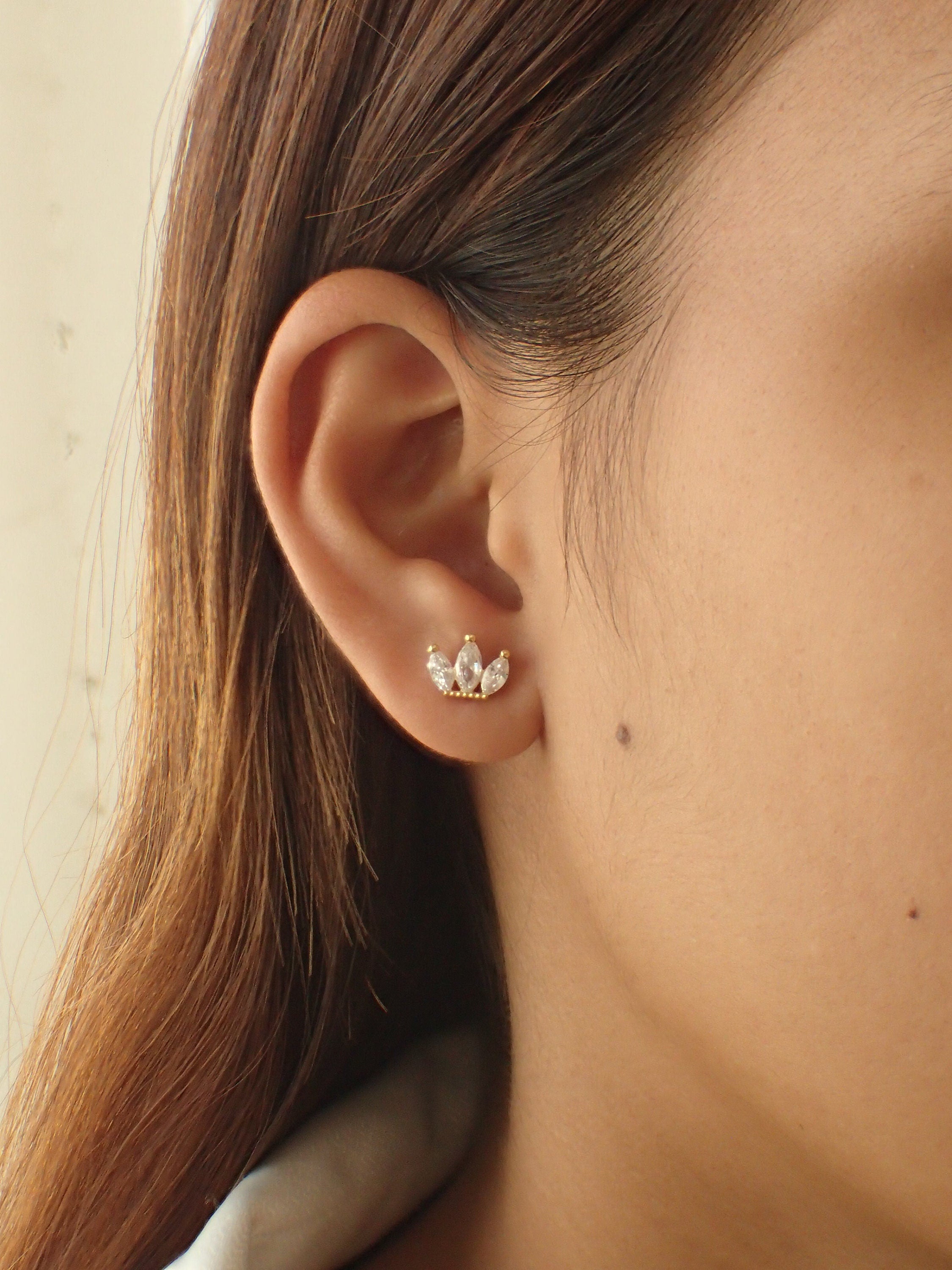 Lotus Flower Diamond Marquise Earrings / Minimalist Marquise Diamond Flower Shaped Stud Earrings / Earrings Gift for Women