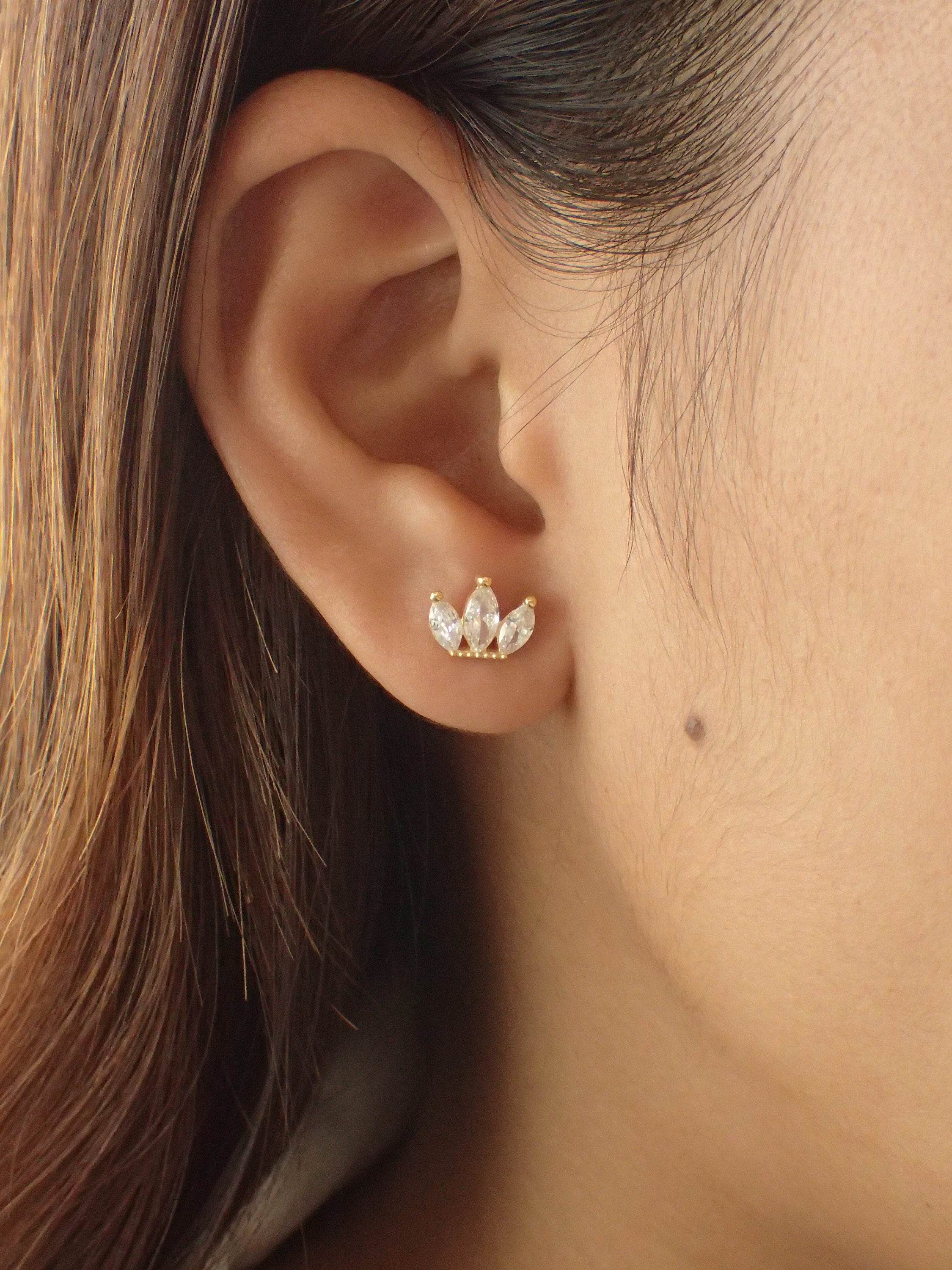 Lotus Flower Diamond Marquise Earrings / Minimalist Marquise Diamond Flower Shaped Stud Earrings / Earrings Gift for Women