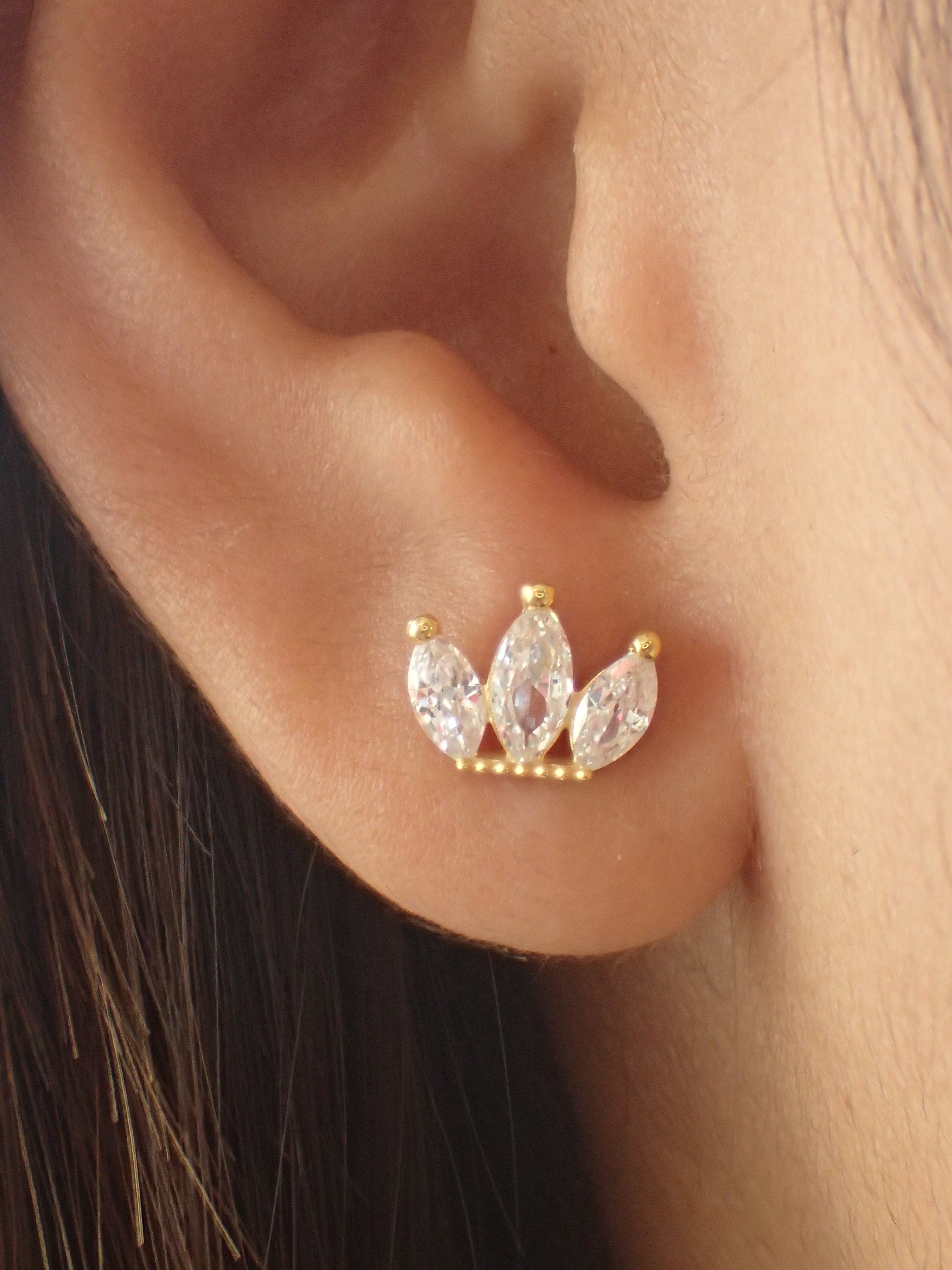 Lotus Flower Diamond Marquise Earrings / Minimalist Marquise Diamond Flower Shaped Stud Earrings / Earrings Gift for Women