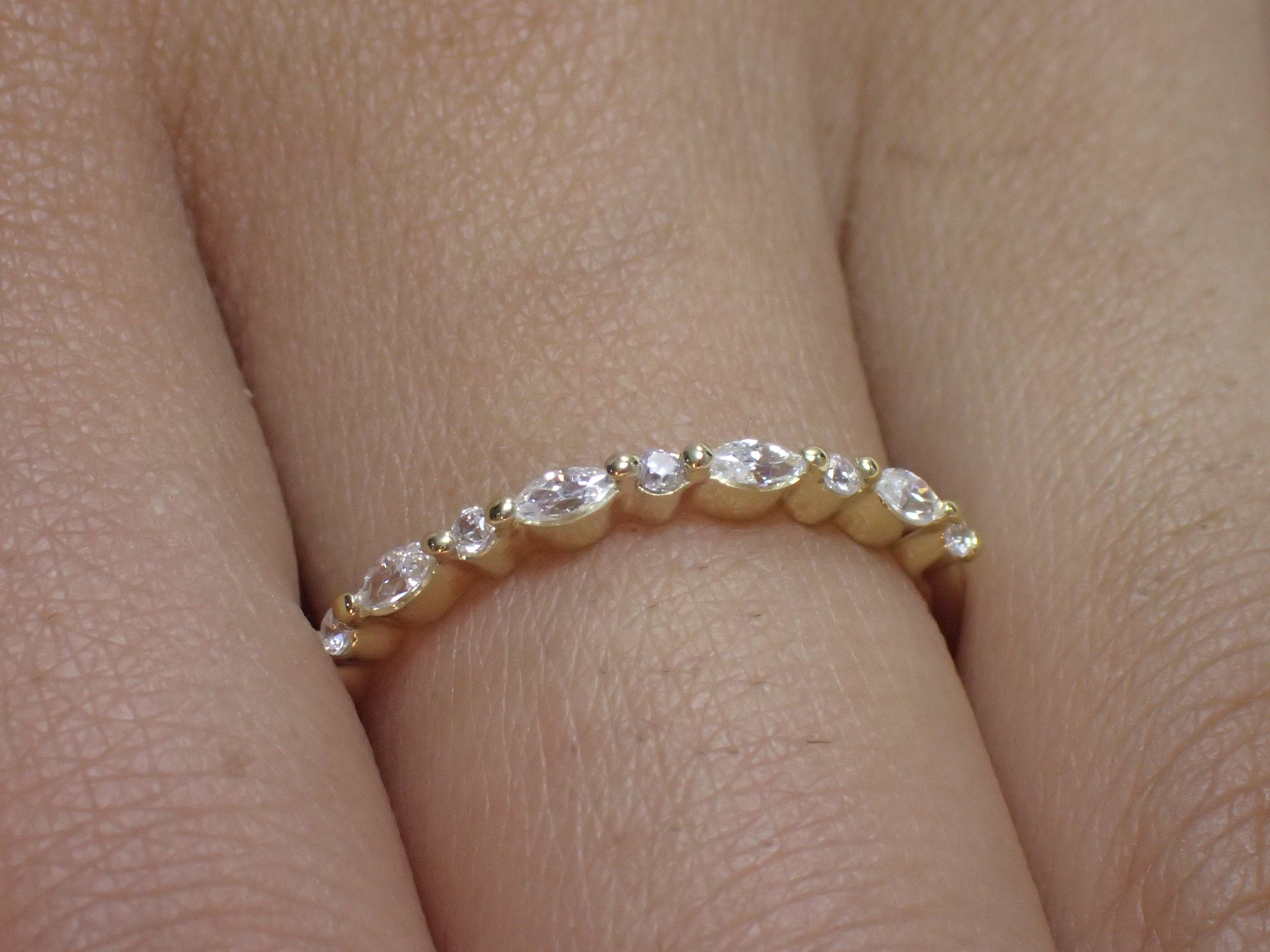 Vintage Diamond Wedding Band, Marquise Cut Half Eternity Stacking Ring, Art Deco Engagement Band, Marquise Ring, Christmas Gift for Her
