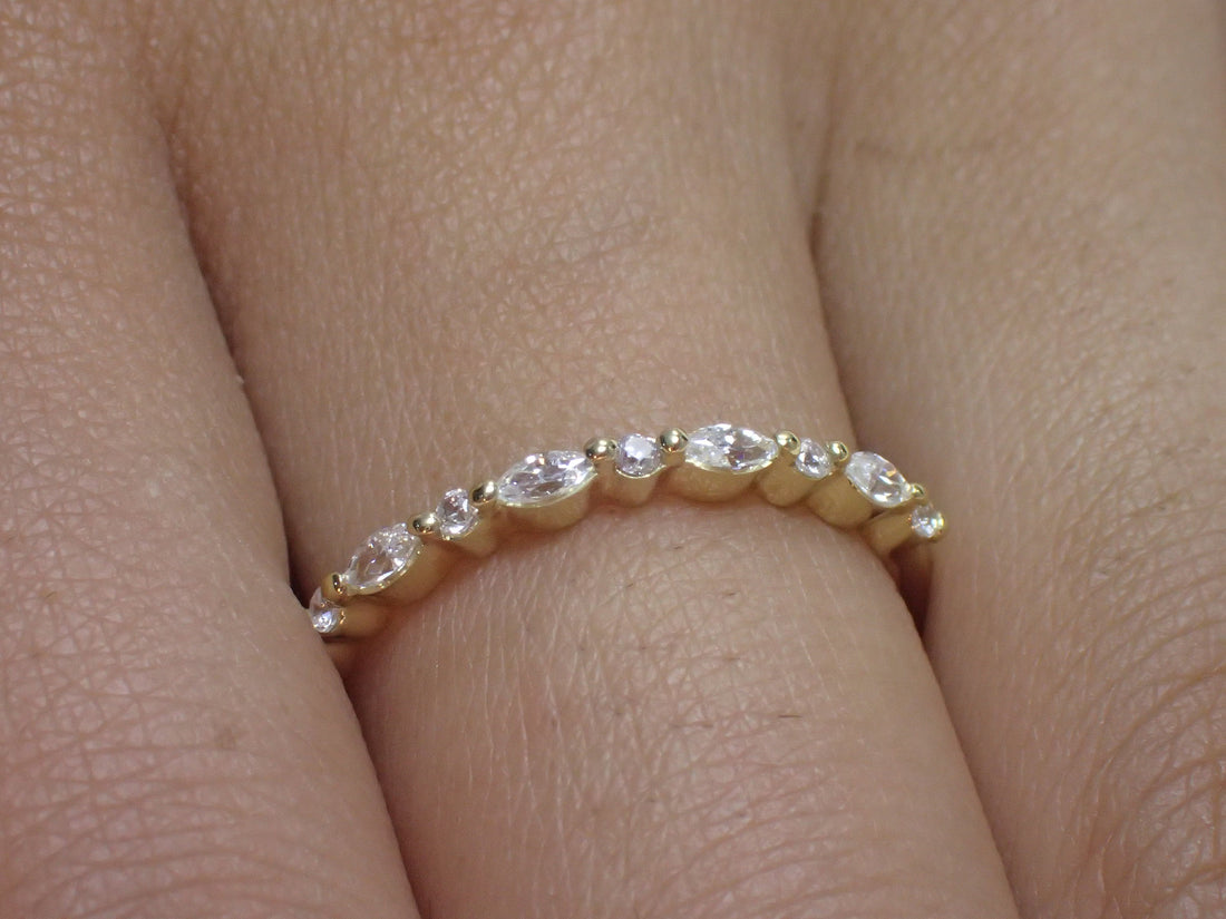 Vintage Diamond Wedding Band, Marquise Cut Half Eternity Stacking Ring, Art Deco Engagement Band, Marquise Ring, Christmas Gift for Her