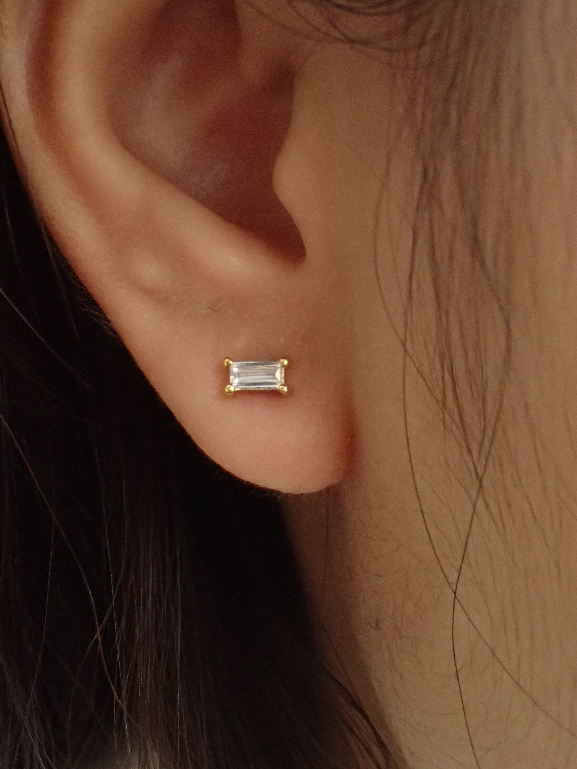 Moissanite Stud Earrings / Minimal Dainty Earrings / Bridesmaid Gift / Rectangular Post Earrings / Cartilage Earrings