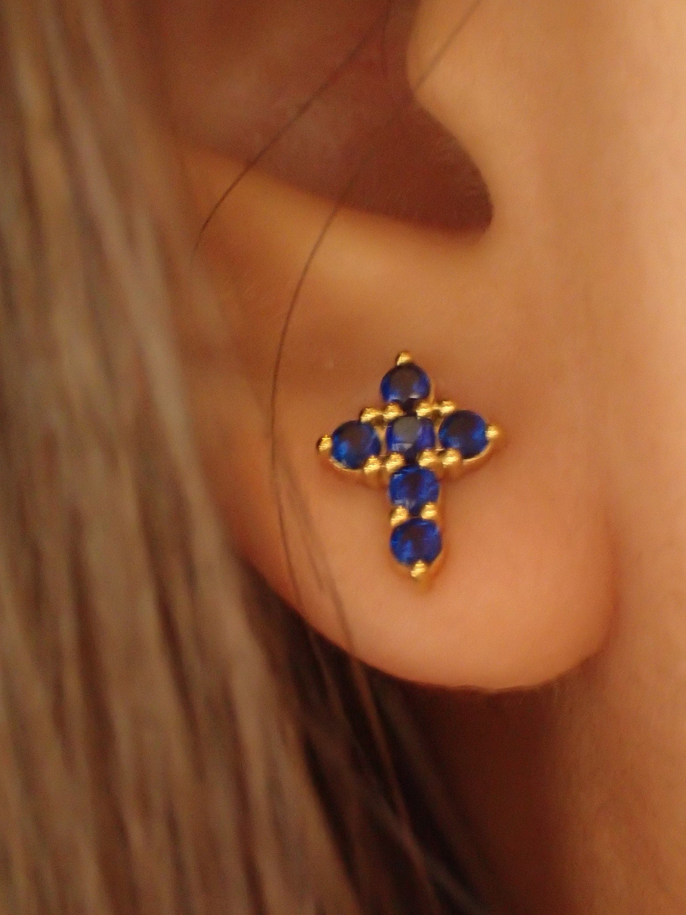Cross Stud Earrings / Blue Sapphire Earrings / Tiny Cross Studs September Birthstones / Religious Earrings Gift