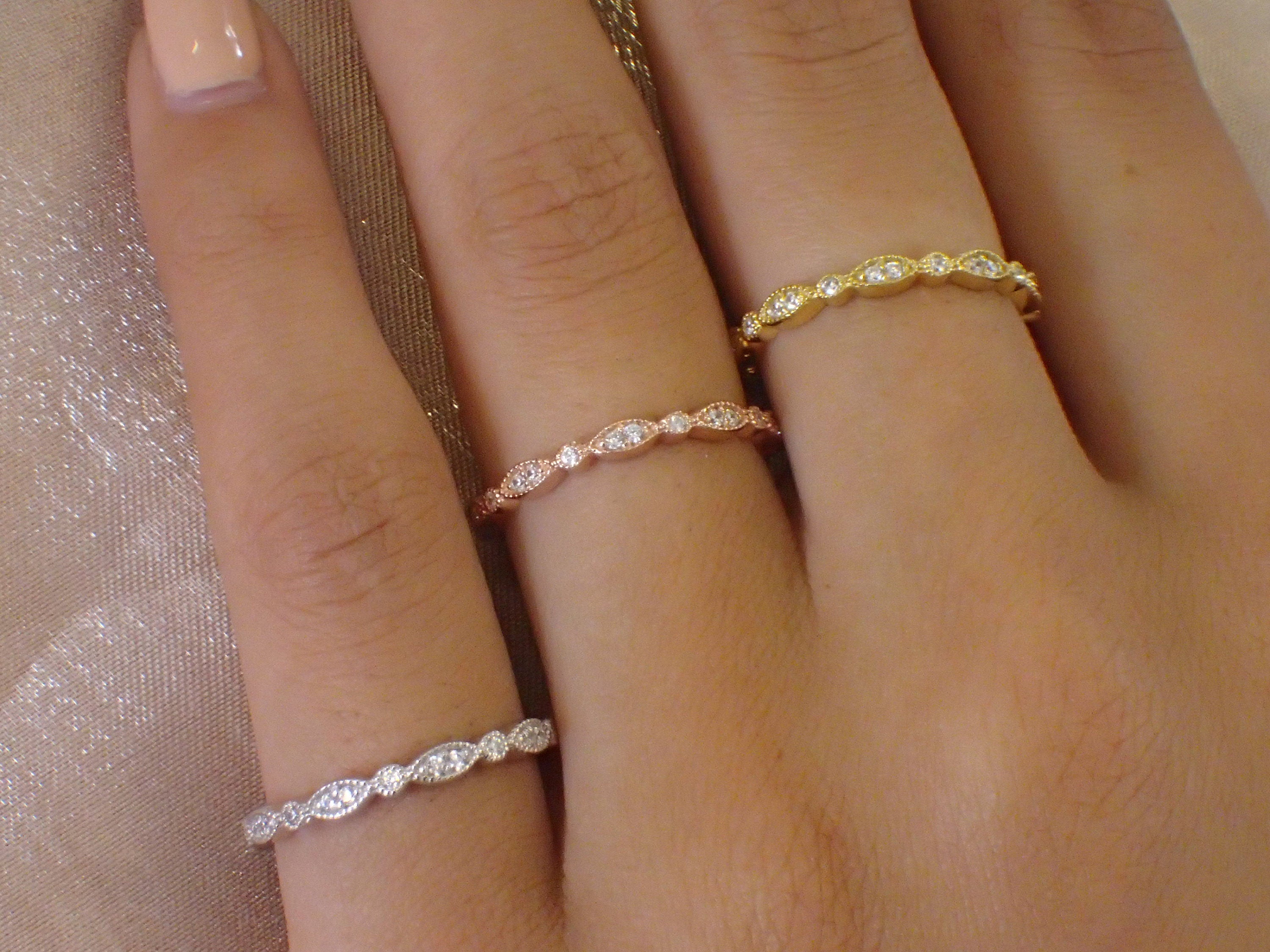 Marquise Wedding Band / Diamond Art Deco Milgrain Band / Thin Dainty Stackable Band / Vintage Wedding Band / In Stock