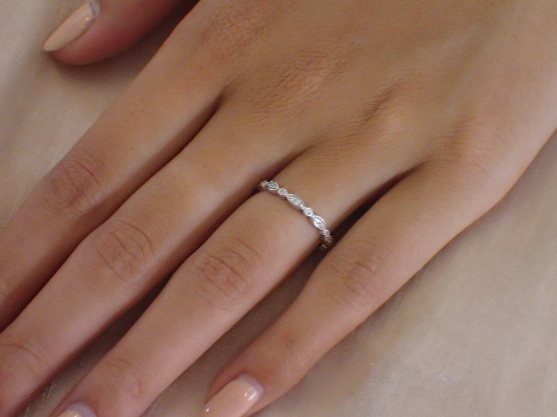 Marquise Wedding Band / Diamond Art Deco Milgrain Band / Thin Dainty Stackable Band / Vintage Wedding Band / In Stock
