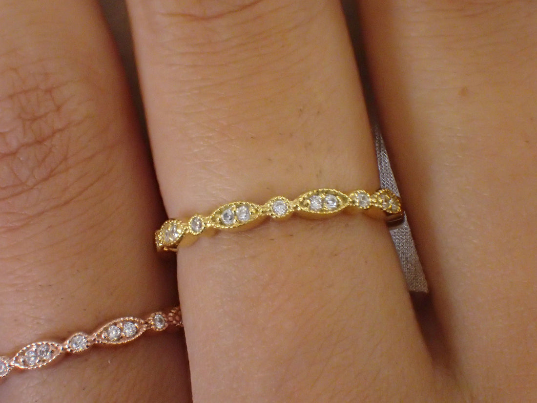 Marquise Wedding Band / Diamond Art Deco Milgrain Band / Thin Dainty Stackable Band / Vintage Wedding Band / In Stock