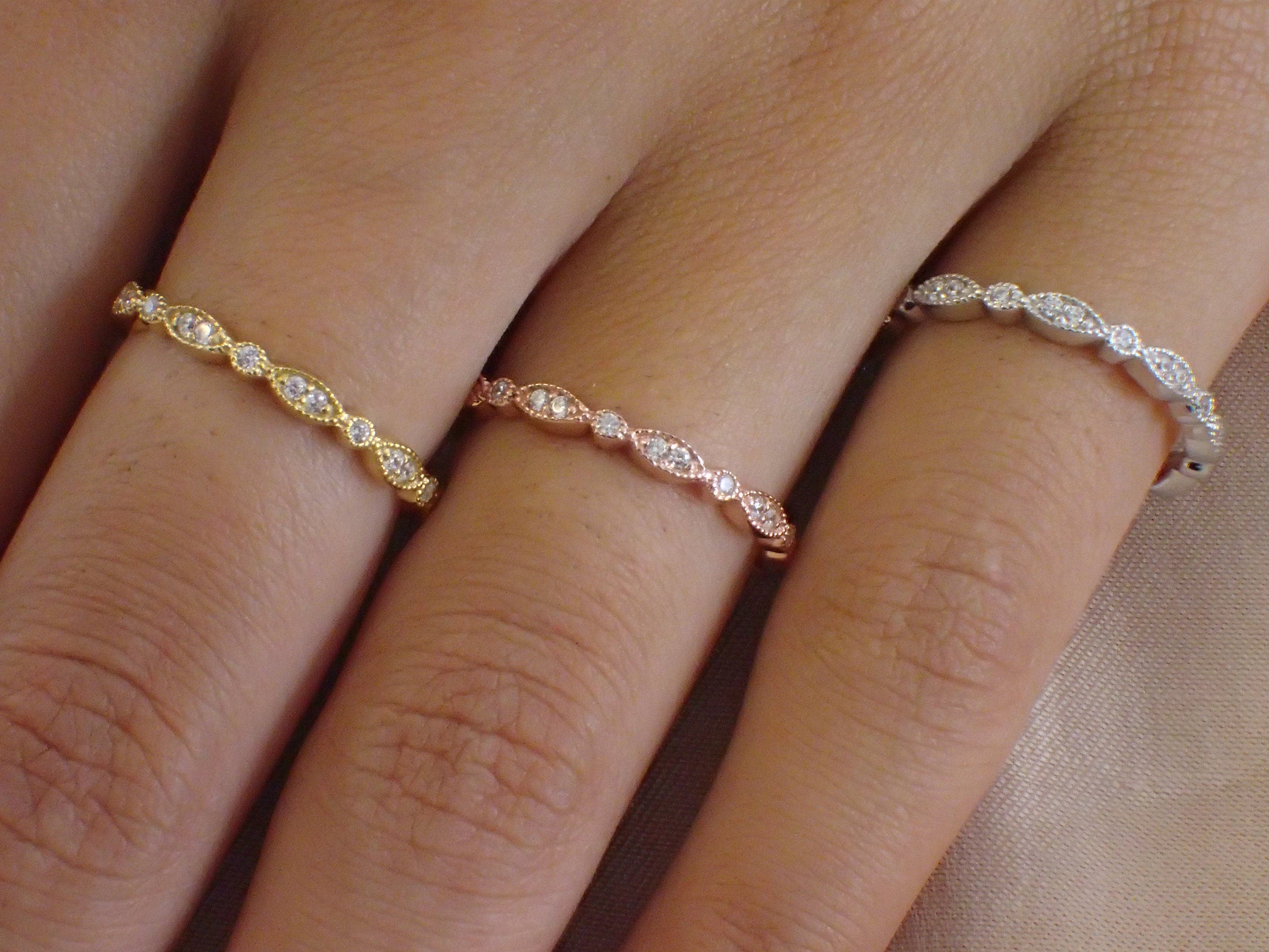 Marquise Wedding Band / Diamond Art Deco Milgrain Band / Thin Dainty Stackable Band / Vintage Wedding Band / In Stock