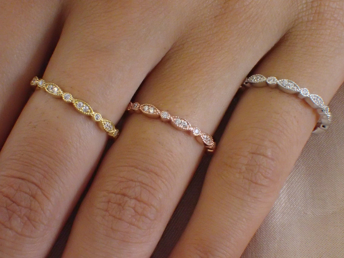 Marquise Wedding Band / Diamond Art Deco Milgrain Band / Thin Dainty Stackable Band / Vintage Wedding Band / In Stock