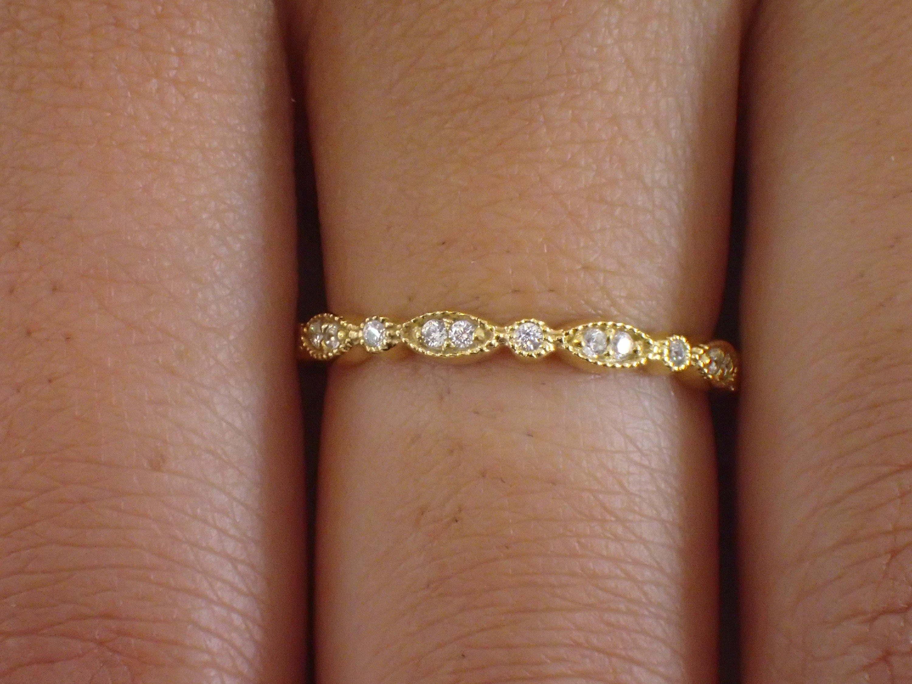 Marquise Wedding Band / Diamond Art Deco Milgrain Band / Thin Dainty Stackable Band / Vintage Wedding Band / In Stock