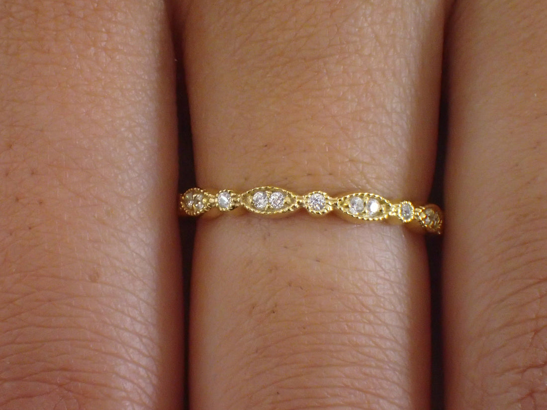 Marquise Wedding Band / Diamond Art Deco Milgrain Band / Thin Dainty Stackable Band / Vintage Wedding Band / In Stock