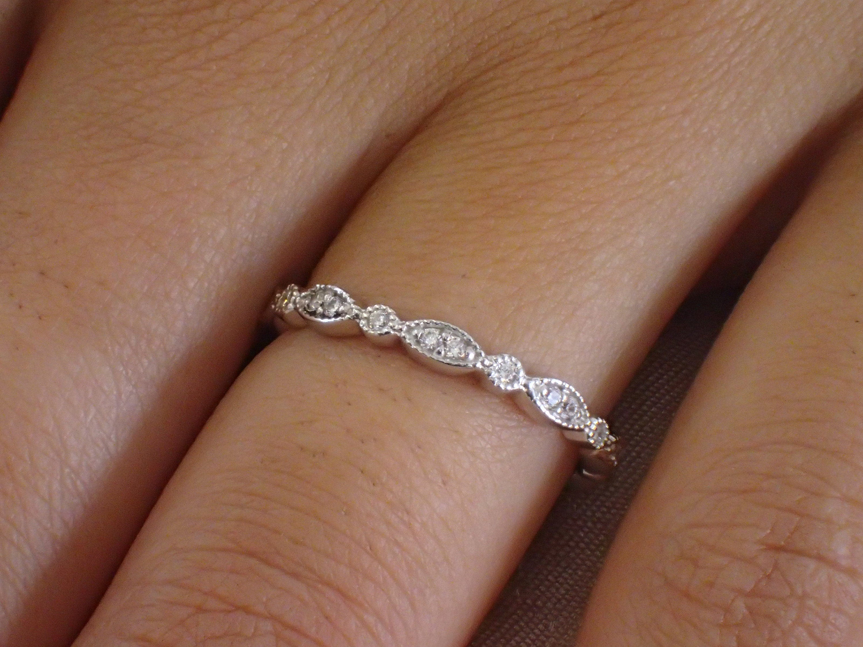 Marquise Wedding Band / Diamond Art Deco Milgrain Band / Thin Dainty Stackable Band / Vintage Wedding Band / In Stock