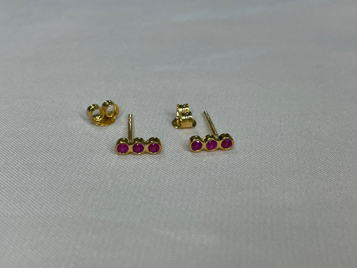 Ruby Earrings / Three Stone Stud Earrings / July Birthstone Gift / Minimalist Gemstone Earrings