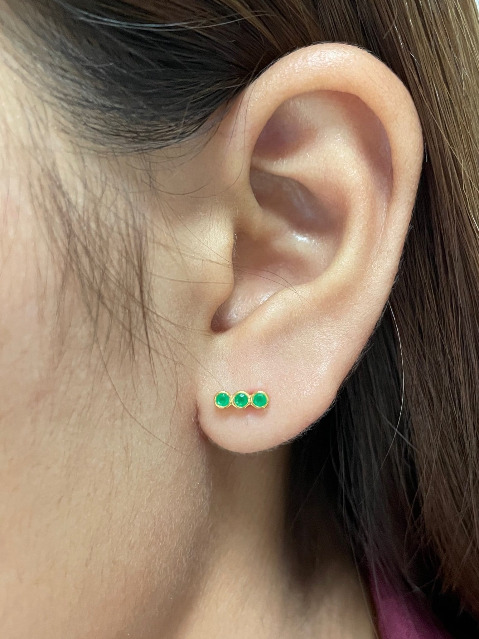 Emerald Earrings / Three Stone Stud Earrings / May Birthstone Gift / Minimalist Gemstone Earrings