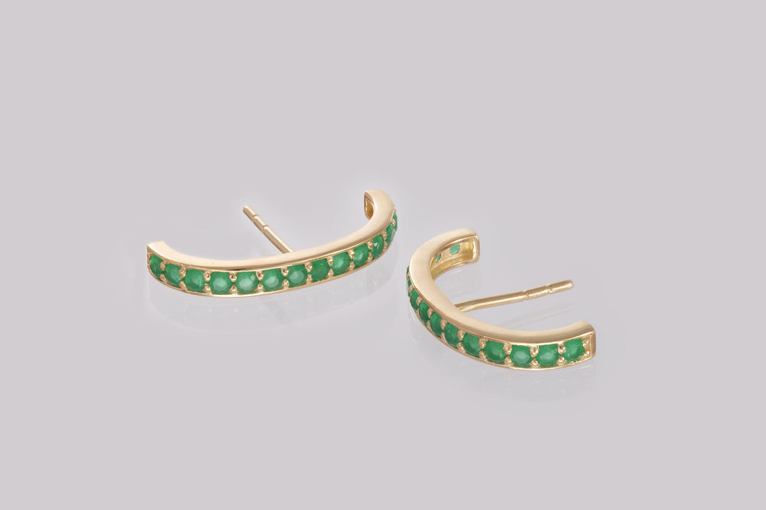 Emerald Stud Earrings, Channel Set Curve Bar Emerald Earrings, May Birthstone Gift, Green Stone Earrings Gift for Women