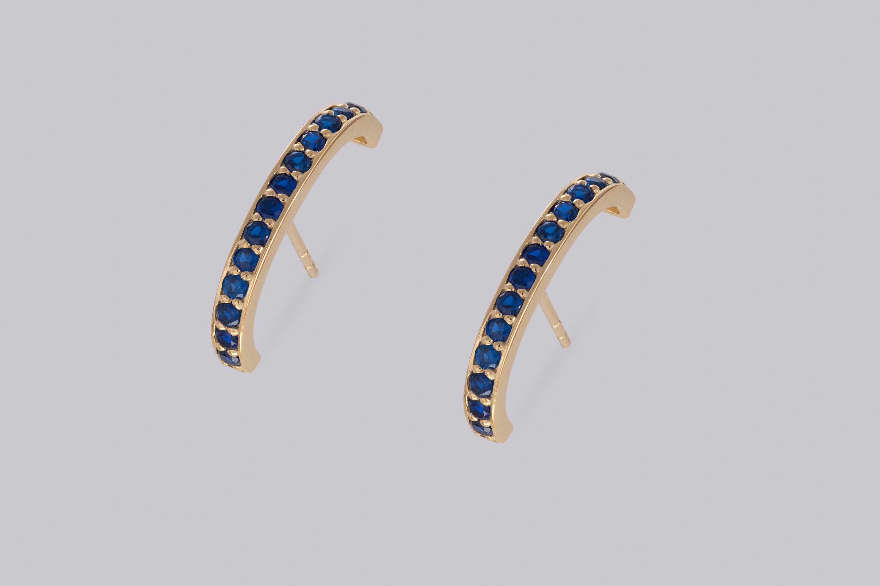 Blue Sapphire Curve Bar Stud Earrings, September Birthstone Gifts, Suspender Cuff Stud Earrings, Dainty Earrings Gift For Women