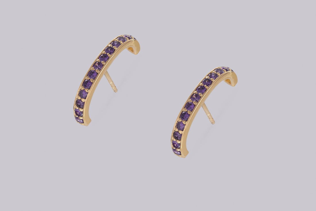 Amethyst Curved Bar Stud Earrings, February Birthstone Earrings, Channel Set Purple Gemstone Ear Climbers, Bridesmaid Gift