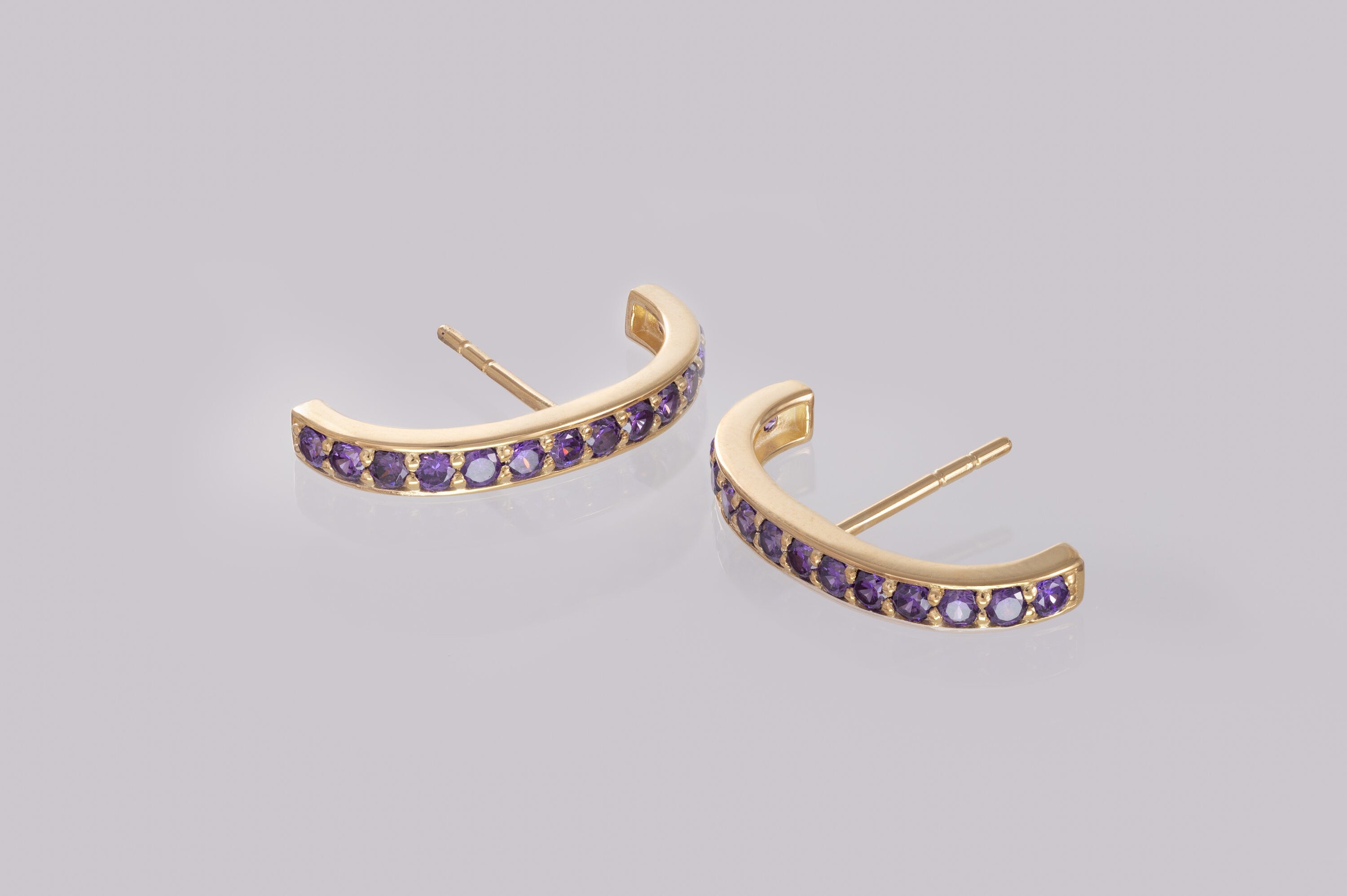 Amethyst Curved Bar Stud Earrings, February Birthstone Earrings, Channel Set Purple Gemstone Ear Climbers, Bridesmaid Gift