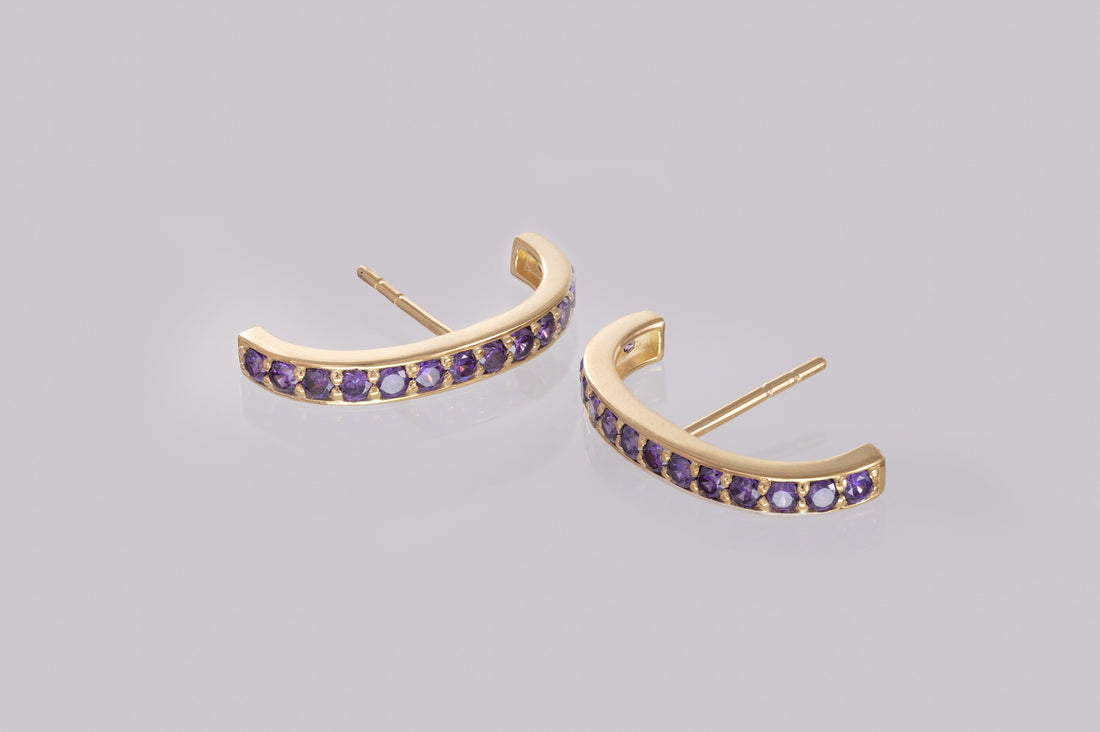 Amethyst Curved Bar Stud Earrings, February Birthstone Earrings, Channel Set Purple Gemstone Ear Climbers, Bridesmaid Gift
