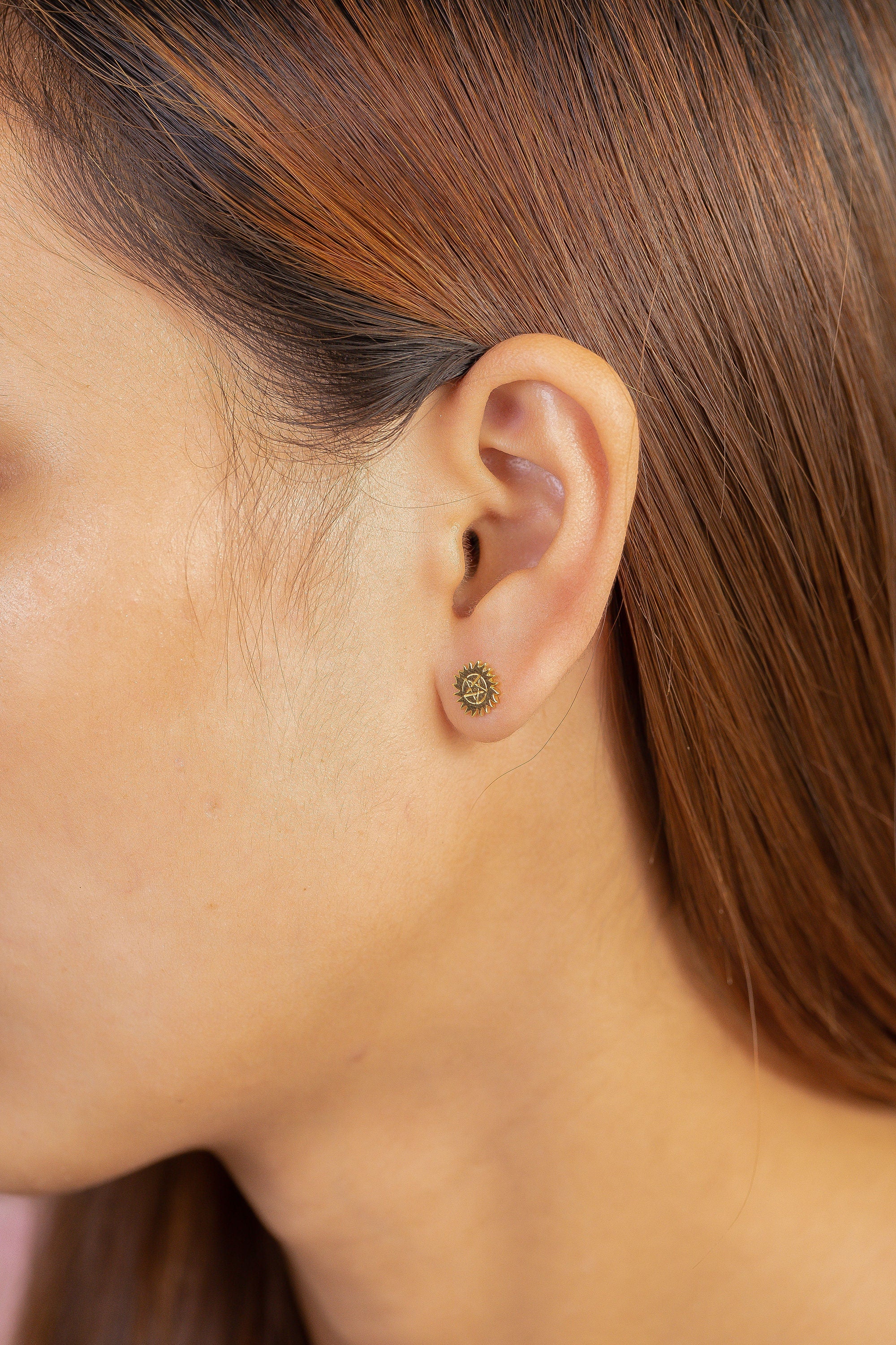 Anti-Possession Pentacle Earrings, Sun Stud Earrings, Supernatural Earrings, Protection Charm Gift for Women, In Stock