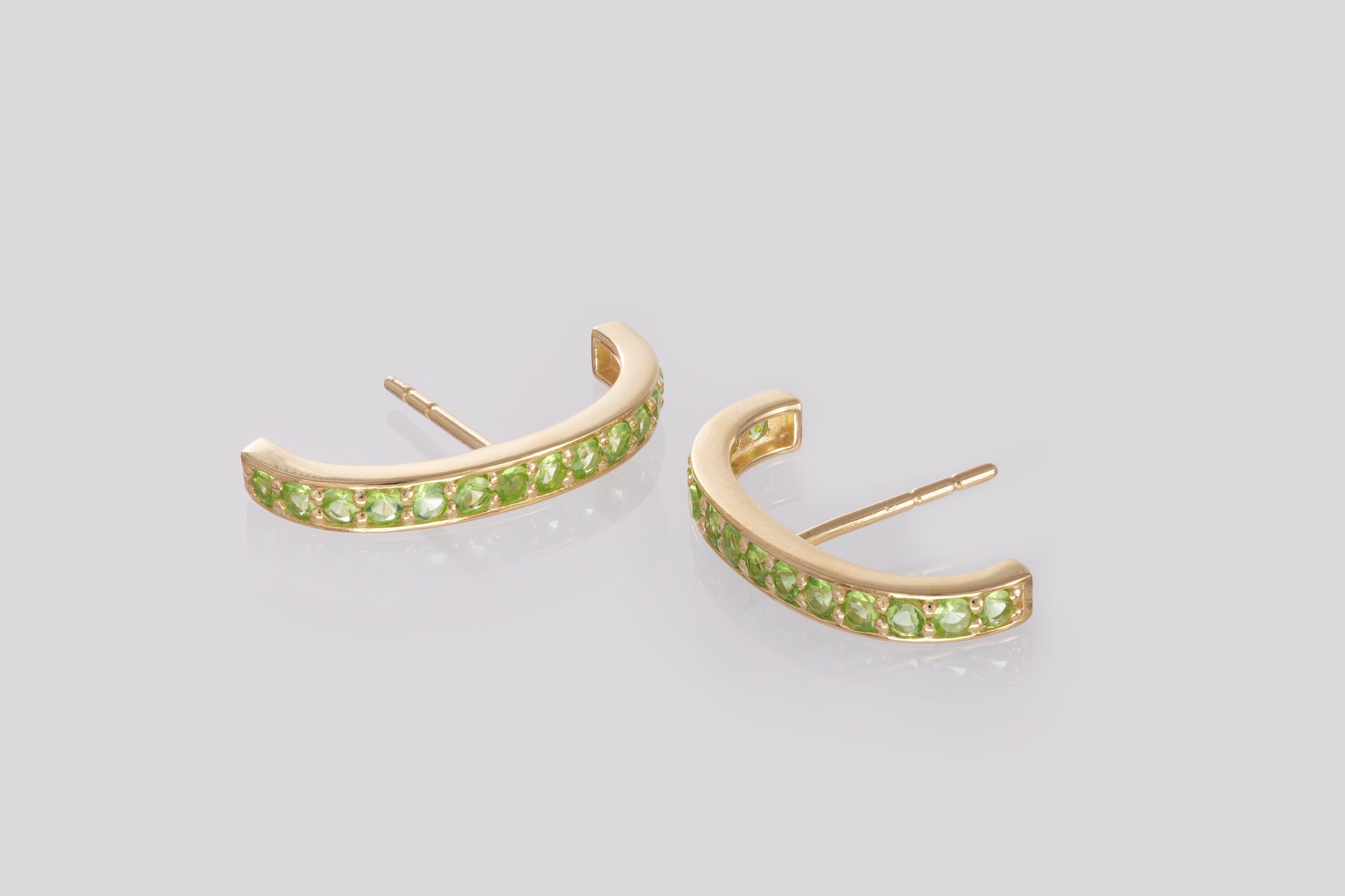 Channel Set Peridot Earrings, Curve Bar Stud Earrings, August Birthstone Gift, Dainty Suspender Earrings, Peridot Earrings Gift for Her