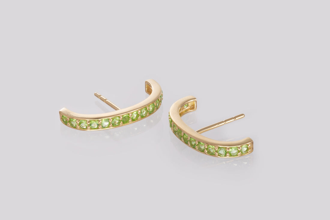 Channel Set Peridot Earrings, Curve Bar Stud Earrings, August Birthstone Gift, Dainty Suspender Earrings, Peridot Earrings Gift for Her