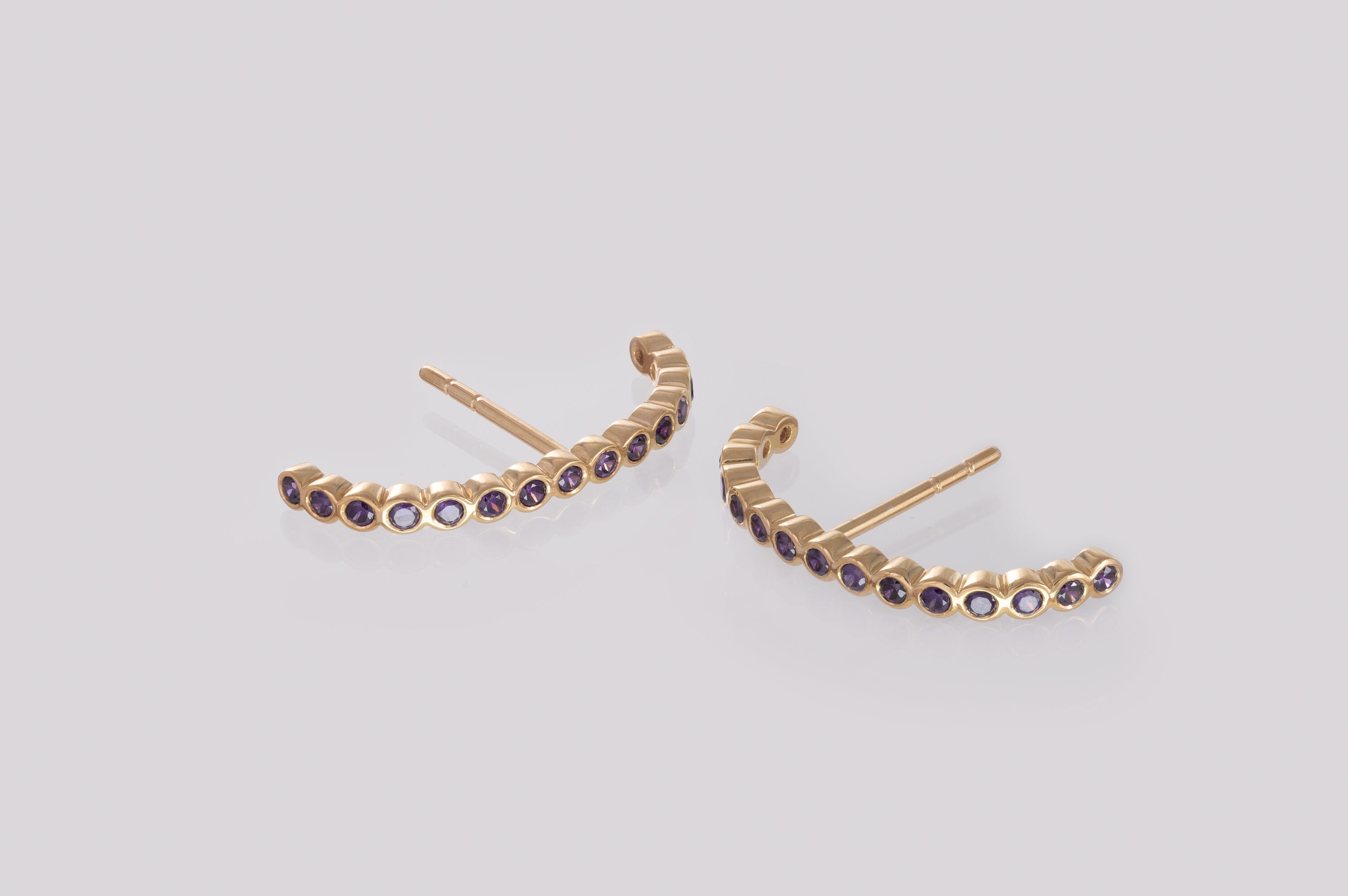 Bezel Set Amethyst Earrings, Curve Stud Earrings, February Birthstone Gift, Dainty Suspender Earrings, Purple Stone Earrings Gift for Her
