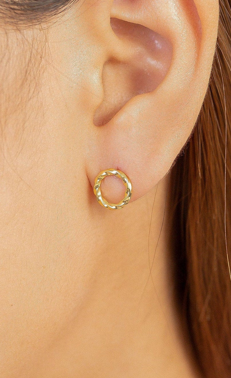 Open Circle Twisted Stud Earrings, Dainty Circle Drop Earrings, Minimalist Twist Jewelry, Bridesmaid Gift for Her