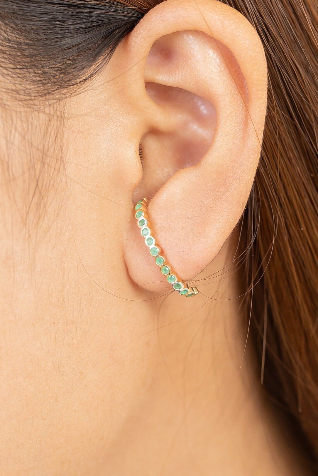 Emerald Earrings, Ear Lobe Emerald Cuff Earrings, May Birthstone Gift, Suspender Earrings, Dainty Stud Lobe Cuff, May Birthstones, In Stock