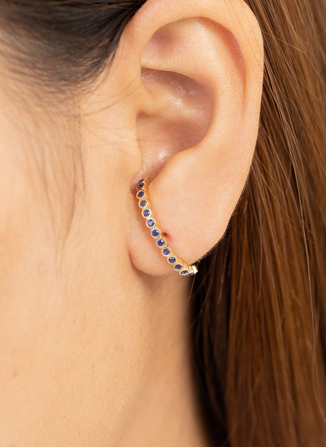 Ear Lobe Blue Sapphire Cuff Earrings, Suspender Earrings, Dainty Stud Lobe Cuff, September Birthstones Gift, Last Minute Gifts