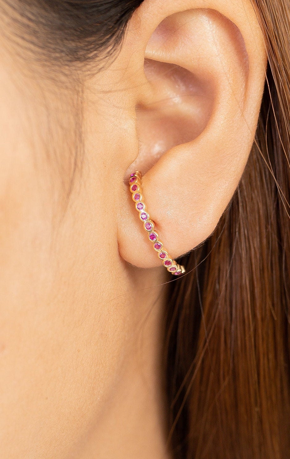 Ear Lobe Ruby Cuff Earrings, Suspender Earrings, Dainty Stud Lobe Cuff, June Birthstones Gift, Last Minute Gifts