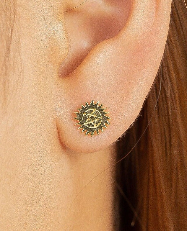 Anti-Possession Pentacle Earrings, Sun Stud Earrings, Supernatural Earrings, Protection Charm Gift for Women, In Stock