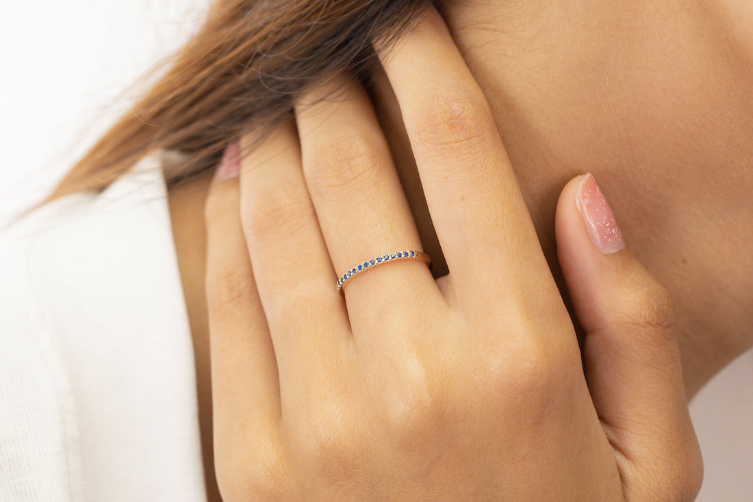 Micro Pave Blue Sapphire Wedding Band, Sterling Silver Dainty Stackable Band, September Birthstones, Stacking Ring