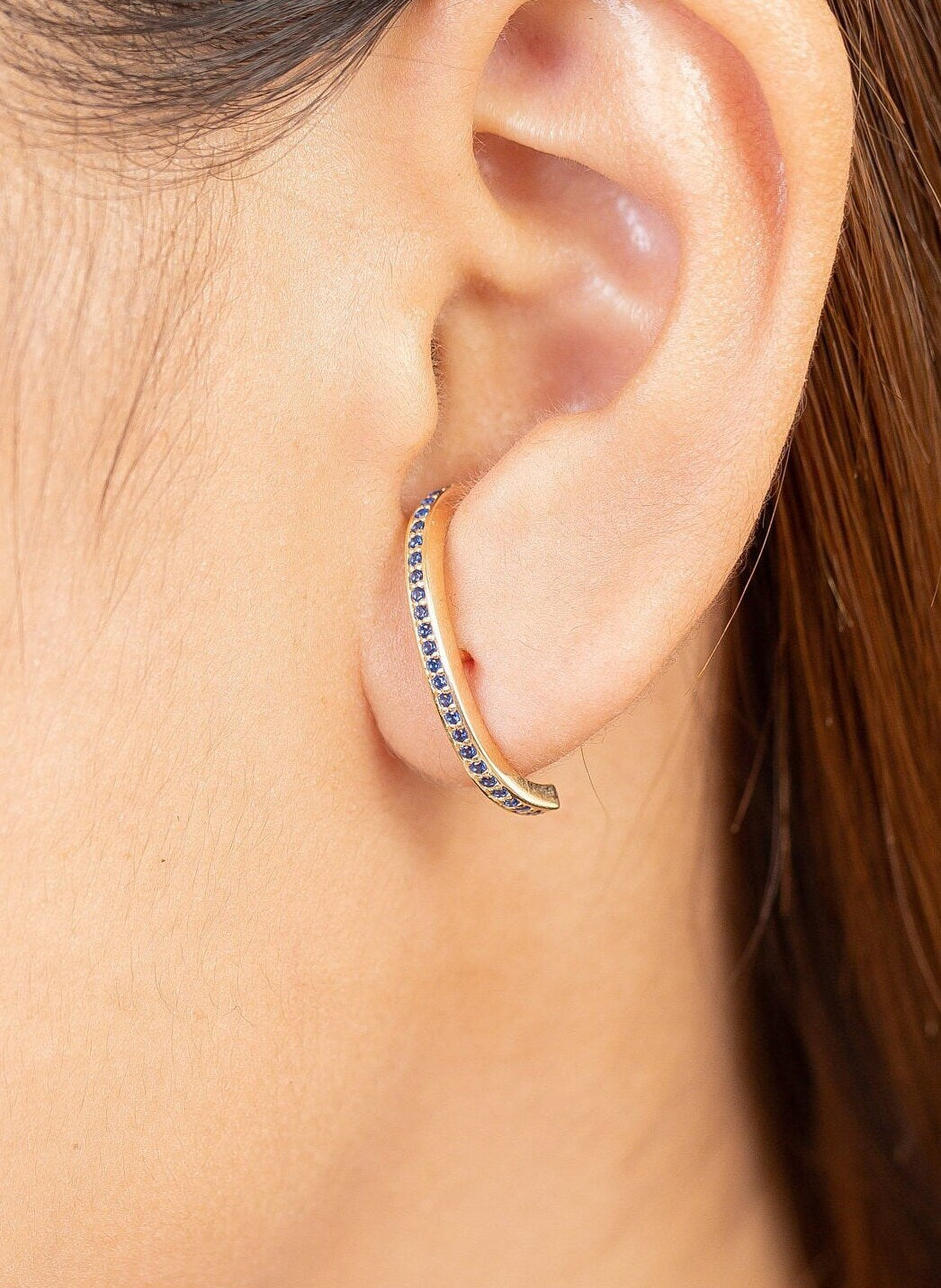 Ear Lobe Blue Sapphire Cuff Earrings, Suspender Earrings, Dainty Stud Lobe Cuff, September Birthstones