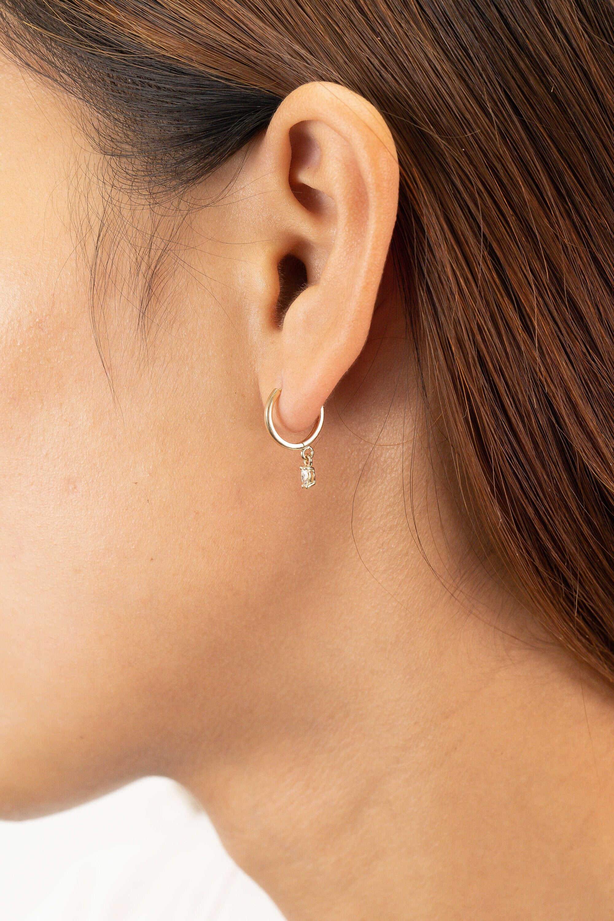 Dangle Drop Diamond Hoop Earrings, Tiny Earrings, Dainty & Minimalist Hoop Earrings, Huggie Hoop Earrings for Women, Holiday Gift